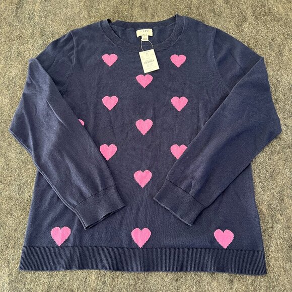J. Crew Sweaters - NWT J Crew Womens Large Teddie Crewneck Navy Blue Hearts Sweater Cotton